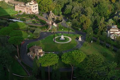 High angle view of garden by building