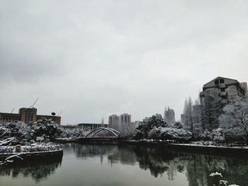 Scenic view of river by city against sky