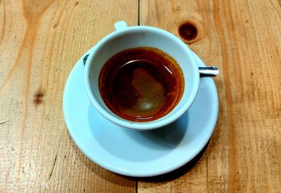 High angle view of coffee cup on table