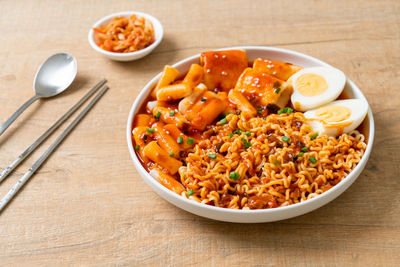 High angle view of food in bowl on table