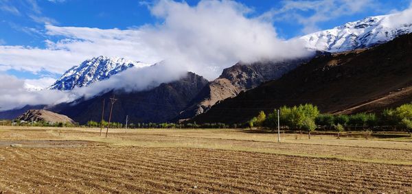 Scenic view of snowcapped mountains against sky