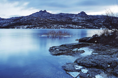 Scenic view of lake by snowcapped mountain against sky