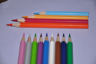 Close-up of colored pencils against white background