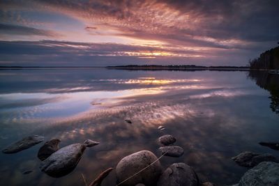 Scenic view of lake against cloudy sky