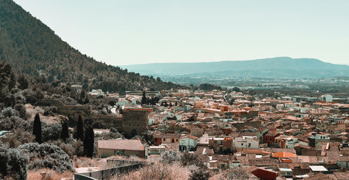 High angle view of townscape against clear sky