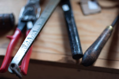 High angle view of tools on table