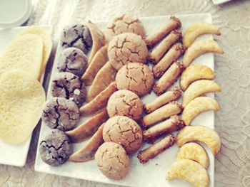 High angle view of cookies in plate