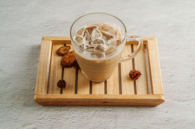 High angle view of coffee cup on table