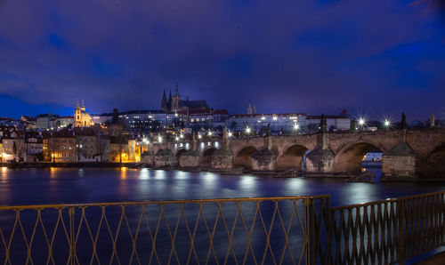 Illuminated bridge over river at night