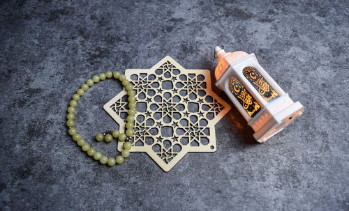 High angle view of dices on table