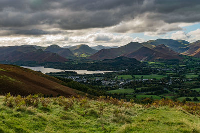 Scenic view of mountains against cloudy sky