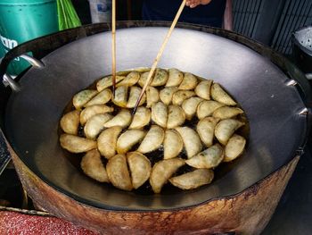 High angle view of meat in container