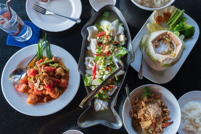 High angle view of food served on table