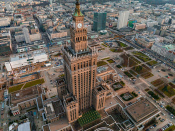 Aerial view of palace of culture and science and downtown business skyscrapers in warsaw