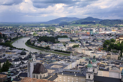 High angle shot of townscape against sky