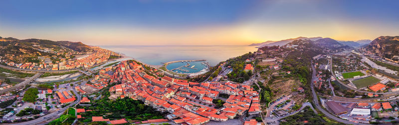High angle view of townscape against sky during sunset