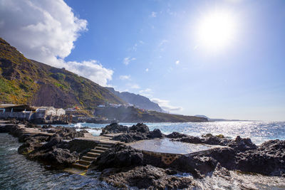 Scenic view of sea and mountains against sky