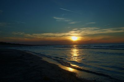 Scenic view of beach against sky during sunset
