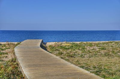 Scenic view of sea against clear blue sky