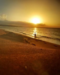 Woman on beach against sky during sunset