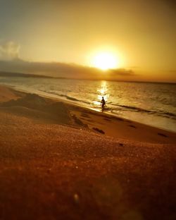 Woman on beach against sky during sunset