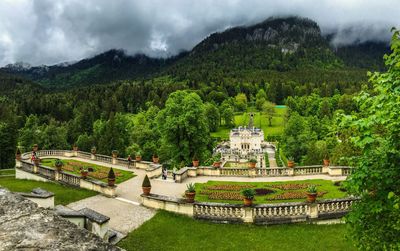 High angle view of castle surrounded by trees