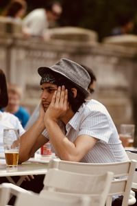 Man and woman sitting at restaurant table