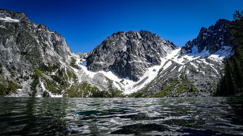Panoramic shot of river amidst mountains against clear sky