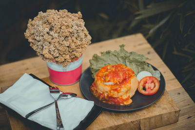 High angle view of dessert on table