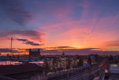 High angle view of cityscape against sky during sunset