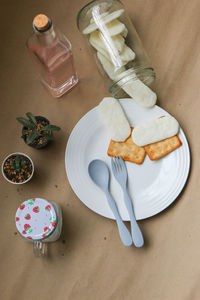 High angle view of cake in plate on table