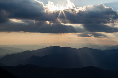 Scenic view of mountains against sky during sunset