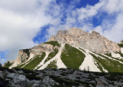 Low angle view of rocks on mountain against sky