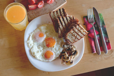 High angle view of breakfast served on table