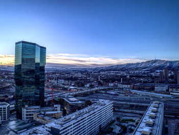 High angle view of buildings in city