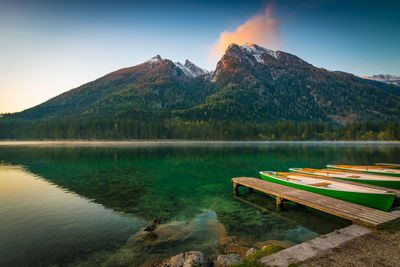 Dawn at the mountain lake hintersee in the alps of bavaria