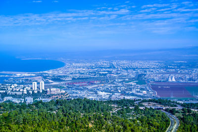 Aerial view of cityscape against blue sky