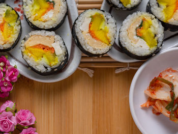 High angle view of sushi in plate on table