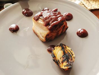 High angle view of dessert in plate on table
