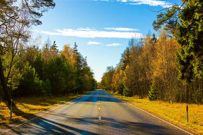 Street amidst trees growing on field against sky