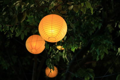 Low angle view of illuminated lantern at night