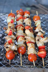 High angle view of vegetables on barbecue grill