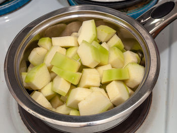 High angle view of chopped vegetables in bowl