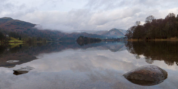 Scenic view of lake and mountains against sky