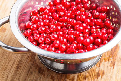 High angle view of strawberries in bowl on table