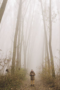 Man standing amidst trees during foggy weather