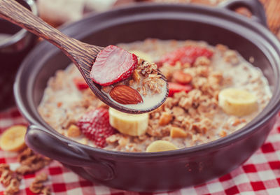 Close-up of breakfast served on table