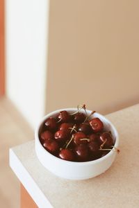 Close-up of cherries in bowl on table