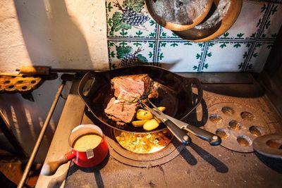 High angle view of food in kitchen