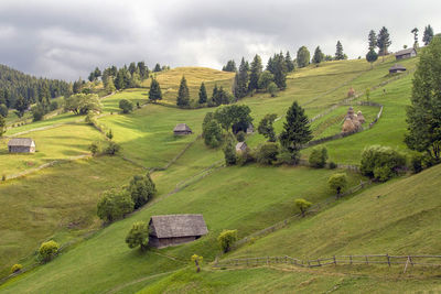 Scenic view of farm against sky